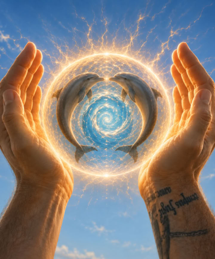Realistische Hände halten das urffinity-Logo mit Delfinen und Spirale